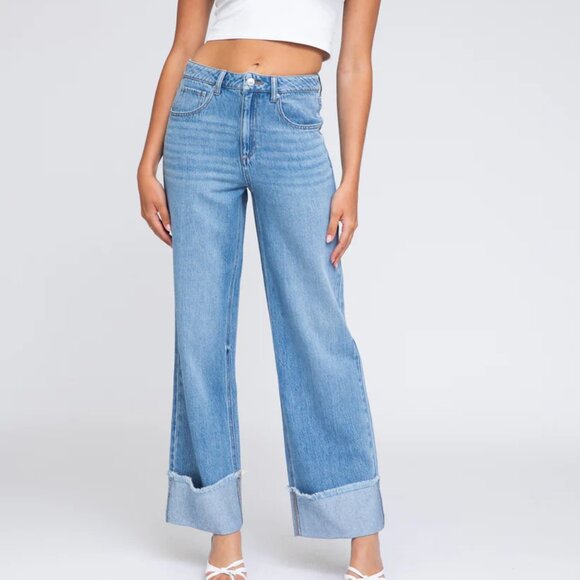 NEW REWASH Extreme Raw Cuff Wide Leg Jeans in medium indigo for women 825 2t7 - Picture 2 of 9